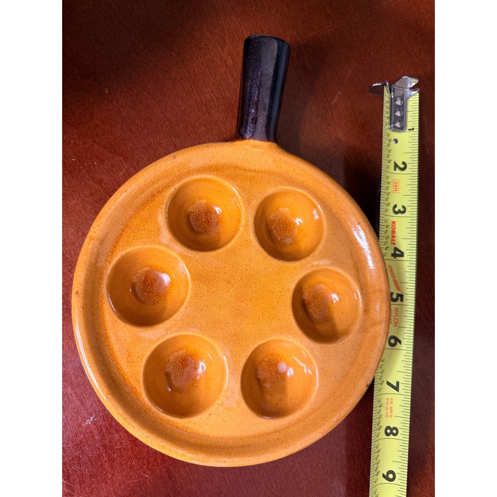 Vintage Ceramic Escargot Plate Mustard Yellow 6 Well Snail Dish with Handle - Picture 4 of 4